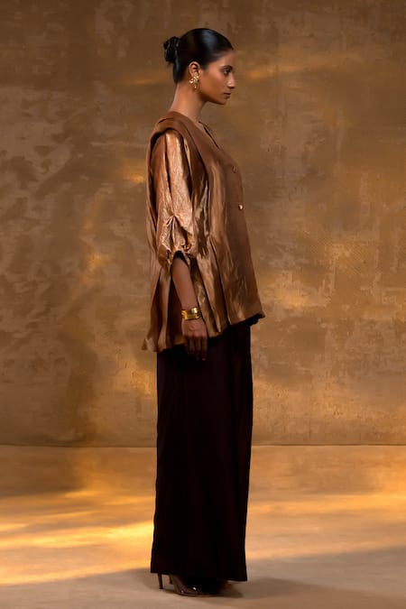 Eeda_Brown Silk, Tissue, Shantoon Crushed Chiniya Jacket Pant Set _at_Aza_Fashions
