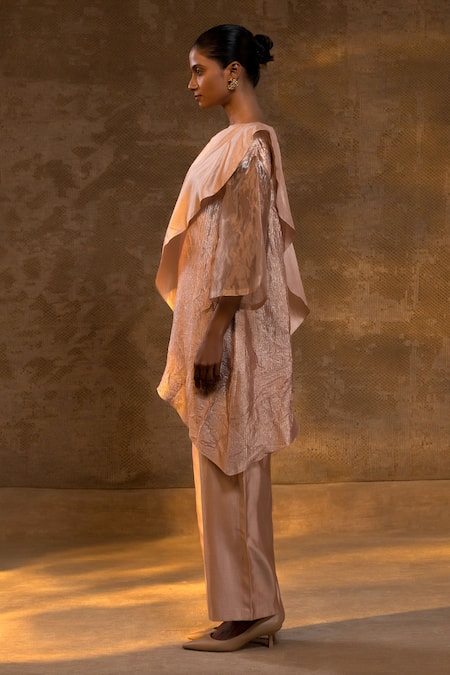 Eeda_Pink Silk, Tissue Textured Asymmetric Top And Pant Set _Online_at_Aza_Fashions