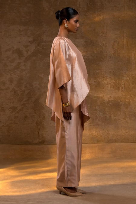 Buy_Eeda_Pink Silk, Tissue Textured Asymmetric Top And Pant Set _Online_at_Aza_Fashions