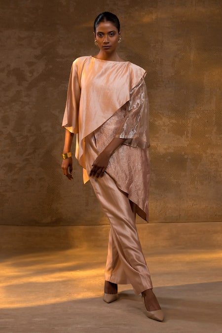 Eeda Textured Asymmetric Top & Pant Set 