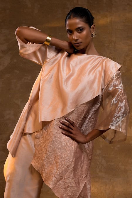 Shop_Eeda_Pink Silk, Tissue Textured Asymmetric Top And Pant Set _Online_at_Aza_Fashions