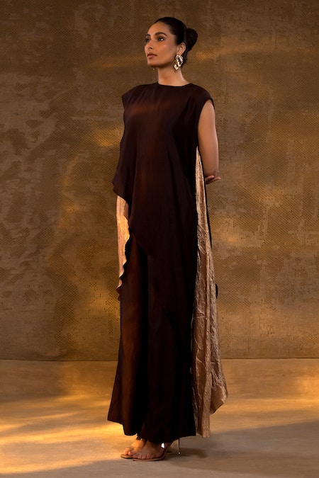 Buy_Eeda_Brown Silk, Tissue Foil Printing Asymmetric Kurta And Pant Set _Online_at_Aza_Fashions