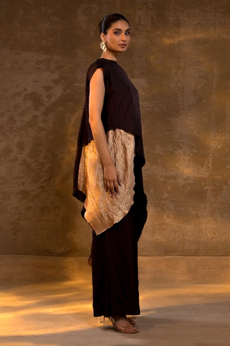 Shop_Eeda_Brown Silk, Tissue Foil Printing Asymmetric Kurta And Pant Set _Online_at_Aza_Fashions