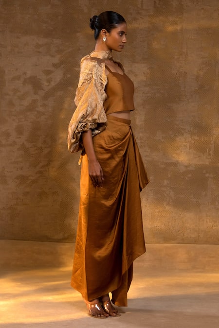 Eeda_Brown Silk, Tissue Draped Chiniya Skirt Jacket Set _Online_at_Aza_Fashions