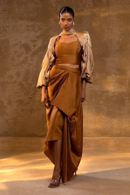 Eeda Draped Chiniya Silk Skirt Jacket Set 