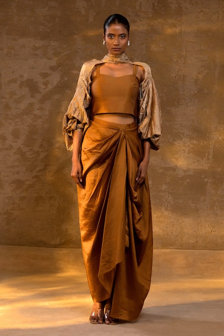Eeda Draped Chiniya Silk Skirt Jacket Set 