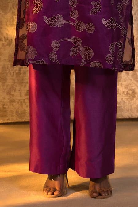 Eeda_Purple Chanderi Zari Floral Pattern Kurta And Pant Set _Online_at_Aza_Fashions