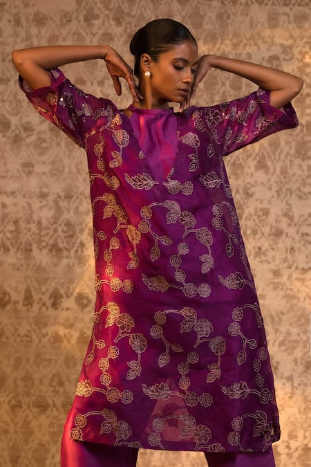 Buy_Eeda_Purple Chanderi Zari Floral Pattern Kurta And Pant Set 