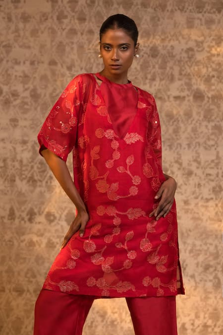 Buy_Eeda_Red Silk Organza, Chanderi, Shantoon Zari, Applique Kurta And Pant Set 