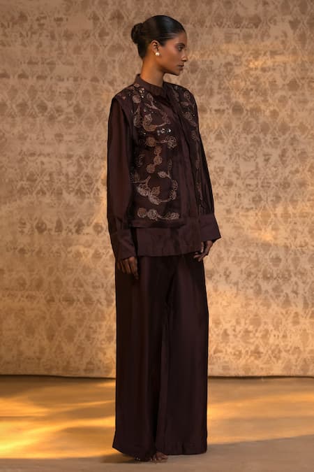 Eeda Brown Silk Organza, Chanderi Embroidery, Sequins Jacket And Pant Set Online at Aza Fashions Eeda_Brown Silk Organza, Chanderi Embroidery, Sequins Jacket And Pant Set _Online_at_Aza_Fashions