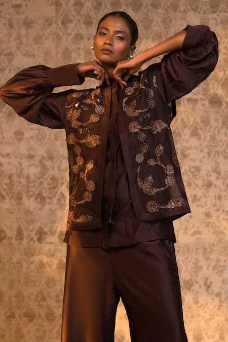 Eeda Brown Silk Organza, Chanderi Embroidery, Sequins Jacket And Pant Set at Aza Fashions Eeda_Brown Silk Organza, Chanderi Embroidery, Sequins Jacket And Pant Set _at_Aza_Fashions
