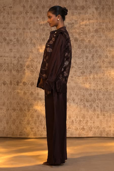 Buy Eeda Brown Silk Organza, Chanderi Embroidery, Sequins Jacket And Pant Set Buy_Eeda_Brown Silk Organza, Chanderi Embroidery, Sequins Jacket And Pant Set