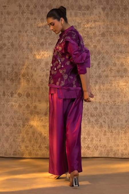 Shop Eeda Purple Silk Organza, Chanderi Embroidery, Floral Pattern Jacket And Pant Set Online at Aza Fashions Shop_Eeda_Purple Silk Organza, Chanderi Embroidery, Floral Pattern Jacket And Pant Set _Online_at_Aza_Fashions
