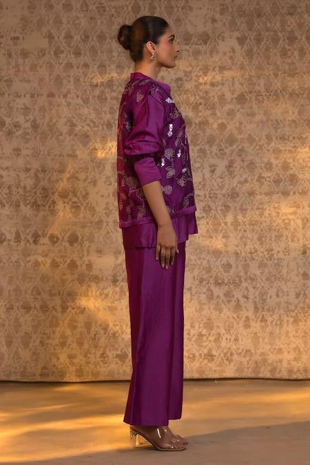 Eeda Purple Silk Organza, Chanderi Embroidery, Floral Pattern Jacket And Pant Set at Aza Fashions Eeda_Purple Silk Organza, Chanderi Embroidery, Floral Pattern Jacket And Pant Set _at_Aza_Fashions
