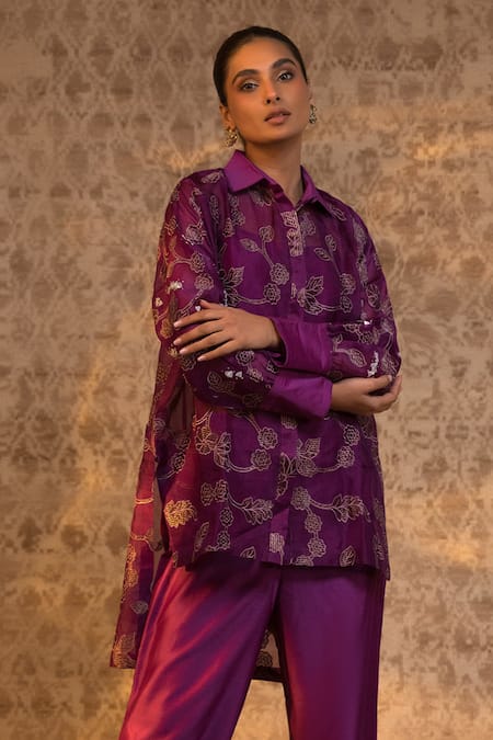 Buy_Eeda_Purple Silk Organza, Chanderi, Shantoon Applique Flower Pattern Shirt And Pant Set _Online_at_Aza_Fashions