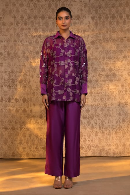 Buy_Eeda_Purple Silk Organza, Chanderi, Shantoon Applique Flower Pattern Shirt And Pant Set 
