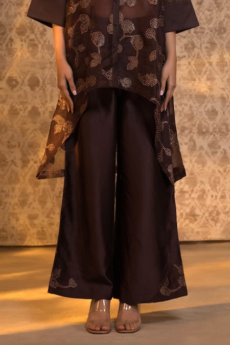 Eeda_Brown Silk Organza, Chanderi, Shantoon Embroidery, Zari Vine Pattern Kurta Set _Online_at_Aza_Fashions