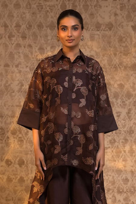Buy_Eeda_Brown Silk Organza, Chanderi, Shantoon Embroidery, Zari Vine Pattern Kurta Set _Online_at_Aza_Fashions