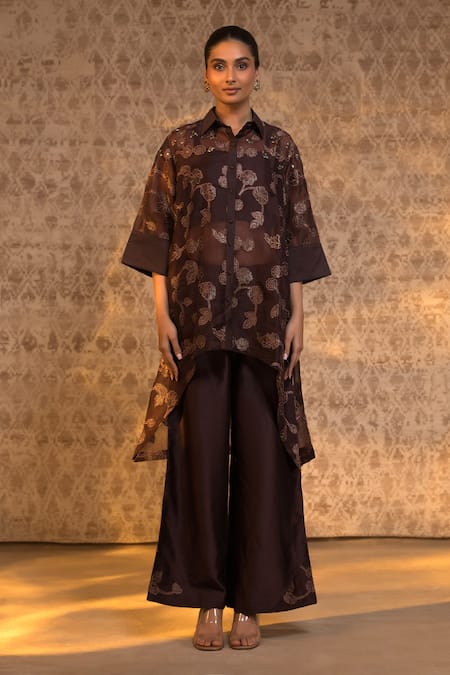 Eeda_Brown Silk Organza, Chanderi, Shantoon Embroidery, Zari Vine Pattern Kurta Set _at_Aza_Fashions