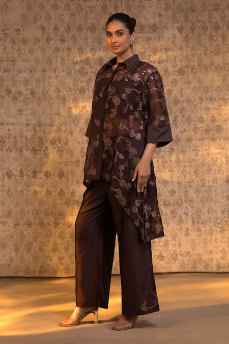 Buy_Eeda_Brown Silk Organza, Chanderi, Shantoon Embroidery, Zari Vine Pattern Kurta Set 