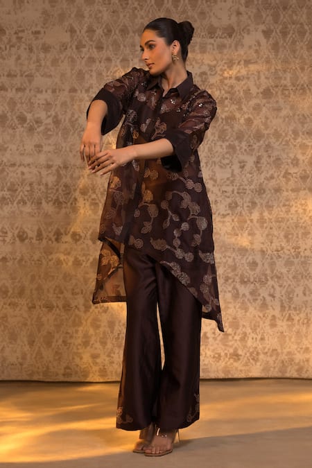Shop_Eeda_Brown Silk Organza, Chanderi, Shantoon Embroidery, Zari Vine Pattern Kurta Set 
