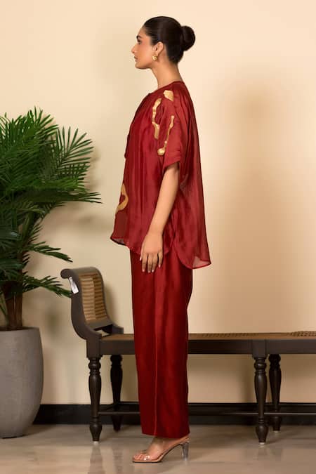 Shop Eeda Red Silk, Shantoon Patchwork Abstract Pattern Top And Pant Set Online at Aza Fashions Shop_Eeda_Red Silk, Shantoon Patchwork Abstract Pattern Top And Pant Set _Online_at_Aza_Fashions
