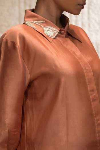 Eeda_Orange Silk, Chanderi Zari Collared Zardozi Shirt _Online_at_Aza_Fashions