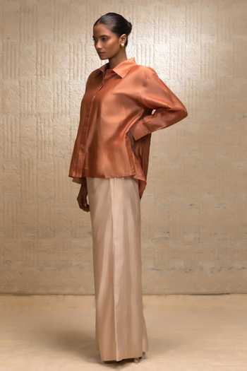 Buy_Eeda_Orange Silk, Chanderi Zari Collared Zardozi Shirt _Online_at_Aza_Fashions