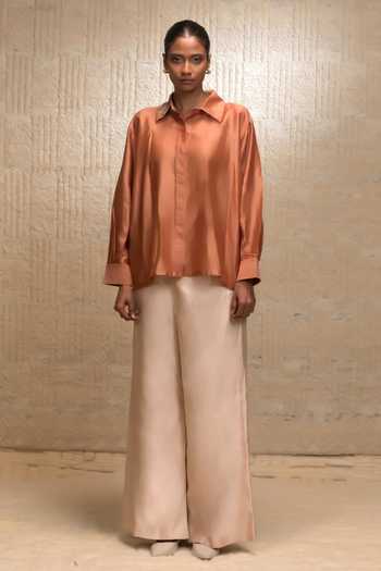 Shop_Eeda_Orange Silk, Chanderi Zari Collared Zardozi Shirt _Online_at_Aza_Fashions