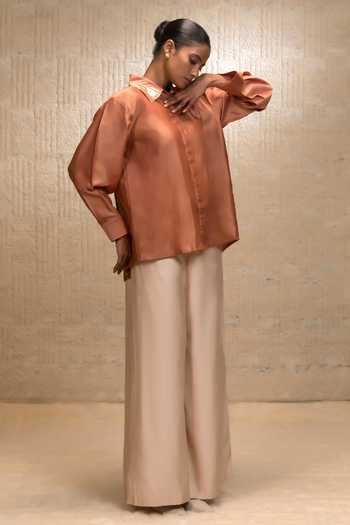 Eeda_Orange Silk, Chanderi Zari Collared Zardozi Shirt _at_Aza_Fashions