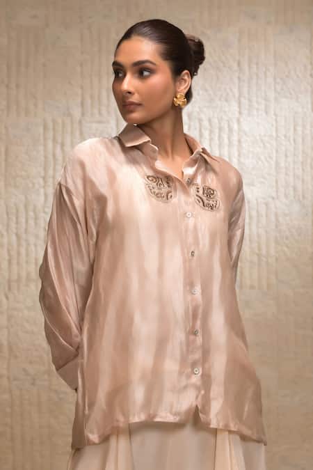 Eeda Striped Silk Shirt & Draped Pant Set 