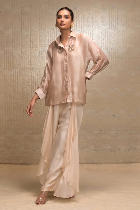 Eeda Striped Silk Shirt & Draped Pant Set 