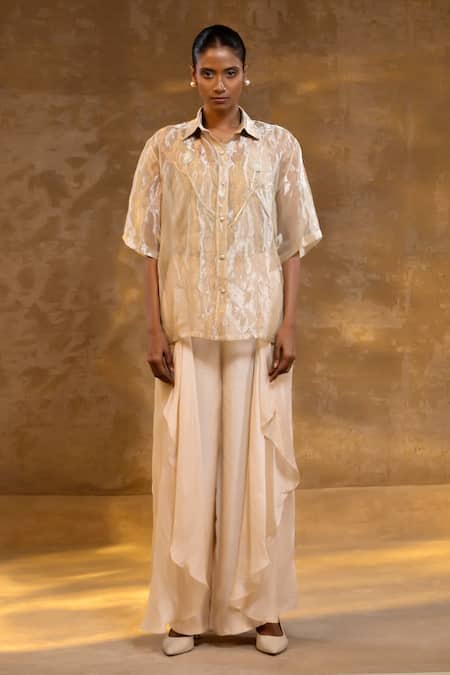 Buy_Eeda_Ivory Silk, Tissue, Shantoon Floral Pattern Sheer Top And Pant Set _Online_at_Aza_Fashions