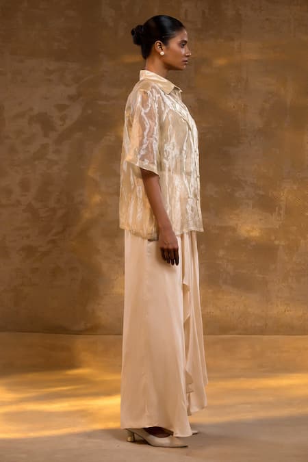 Shop_Eeda_Ivory Silk, Tissue, Shantoon Floral Pattern Sheer Top And Pant Set _Online_at_Aza_Fashions