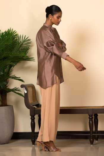 Eeda Gold Silk, Chanderi Applique Mandarin Collar Vine Pattern Shirt Online at Aza Fashions Eeda_Gold Silk, Chanderi Applique Mandarin Collar Vine Pattern Shirt _Online_at_Aza_Fashions