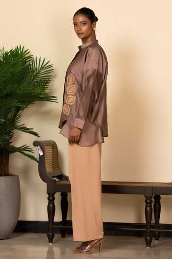 Buy Eeda Gold Silk, Chanderi Applique Mandarin Collar Vine Pattern Shirt Online at Aza Fashions Buy_Eeda_Gold Silk, Chanderi Applique Mandarin Collar Vine Pattern Shirt _Online_at_Aza_Fashions