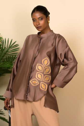 Shop Eeda Gold Silk, Chanderi Applique Mandarin Collar Vine Pattern Shirt Online at Aza Fashions Shop_Eeda_Gold Silk, Chanderi Applique Mandarin Collar Vine Pattern Shirt _Online_at_Aza_Fashions