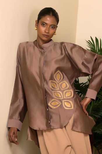 Eeda Gold Silk, Chanderi Applique Mandarin Collar Vine Pattern Shirt at Aza Fashions Eeda_Gold Silk, Chanderi Applique Mandarin Collar Vine Pattern Shirt _at_Aza_Fashions
