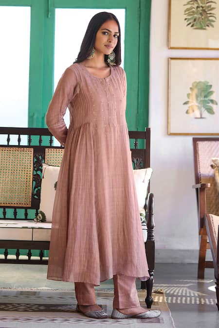 Shop_Trendy Tokari_Pink Silk, Chanderi, Cotton Embroidery Kurta Pant Set _Online_at_Aza_Fashions