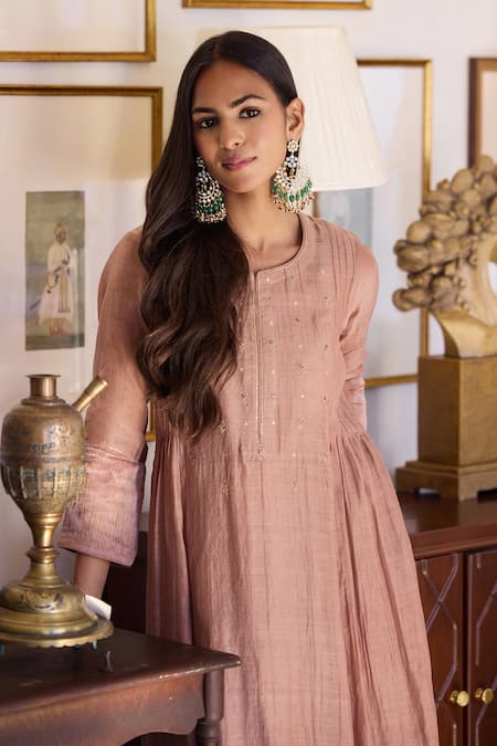 Trendy Tokari_Pink Silk, Chanderi, Cotton Embroidery Kurta Pant Set _at_Aza_Fashions