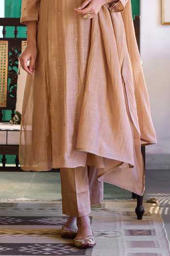 Trendy Tokari_Beige Silk, Chanderi, Cotton Embroidery V-neck Kurta Pant Set _Online_at_Aza_Fashions