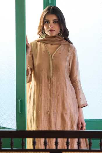 Buy_Trendy Tokari_Beige Silk, Chanderi, Cotton Embroidery V-neck Kurta Pant Set _Online_at_Aza_Fashions