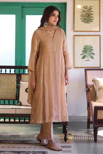 Shop_Trendy Tokari_Beige Silk, Chanderi, Cotton Embroidery V-neck Kurta Pant Set _Online_at_Aza_Fashions