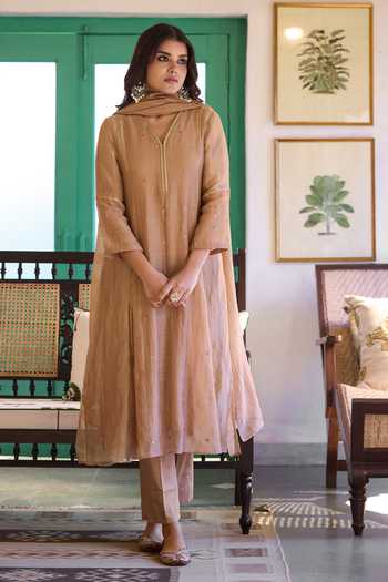 Trendy Tokari_Beige Silk, Chanderi, Cotton Embroidery V-neck Kurta Pant Set _at_Aza_Fashions