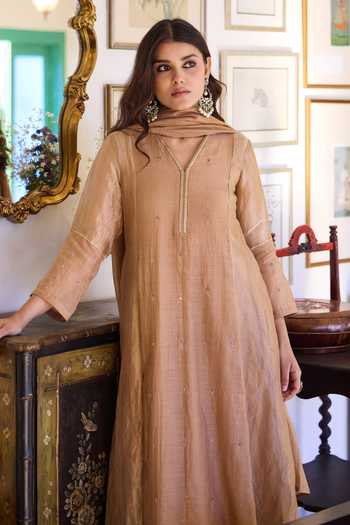 Buy_Trendy Tokari_Beige Silk, Chanderi, Cotton Embroidery V-neck Kurta Pant Set 