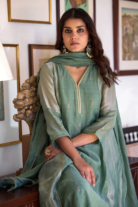 Buy Trendy Tokari Green Silk, Chanderi, Cotton Embroidery Hand Kurta Set Buy_Trendy Tokari_Green Silk, Chanderi, Cotton Embroidery Hand Kurta Set