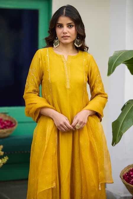 Trendy Tokari_Yellow Silk, Chanderi, Cotton, Organza Embroidery Kurta Set _at_Aza_Fashions