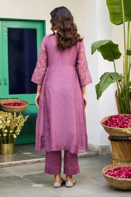 Shop Trendy Tokari Purple Silk, Chanderi, Cotton, Organza Embroidery Placement Kurta Set at Aza Fashions Shop_Trendy Tokari_Purple Silk, Chanderi, Cotton, Organza Embroidery Placement Kurta Set _at_Aza_Fashions