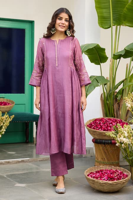 Shop Trendy Tokari Purple Silk, Chanderi, Cotton, Organza Embroidery Placement Kurta Set Online at Aza Fashions Shop_Trendy Tokari_Purple Silk, Chanderi, Cotton, Organza Embroidery Placement Kurta Set _Online_at_Aza_Fashions