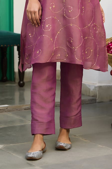 Trendy Tokari_Purple Tissue, Cotton, Organza Embroidery Thread Kurta Set _Online_at_Aza_Fashions